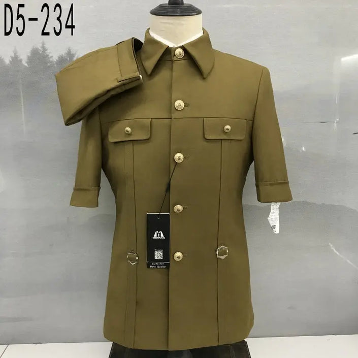 Olive short-sleeve formal shirt with mao collar, button front and flap pockets.