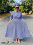 Geometric print midi dress with flared skirt, blue tone, button front and 3/4 sleeves