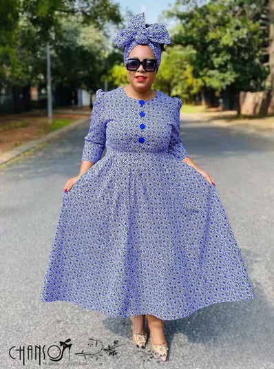 African Print Midi Dress  Flared Geometric