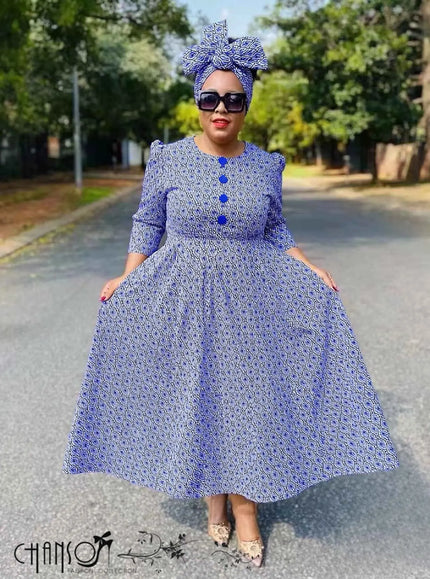 African Print Midi Dress  Flared Geometric