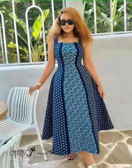 Blue geometric A-line maxi dress with spaghetti straps, square neckline, flared skirt