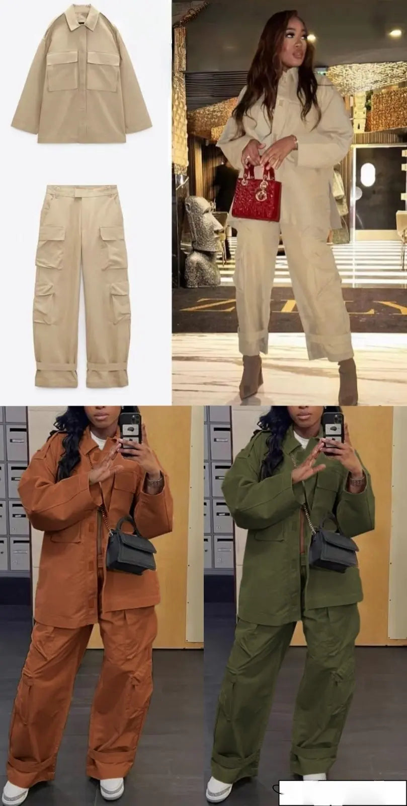 Damen-Cargo-Set: beiges Jackett mit Taschen und Cargohose