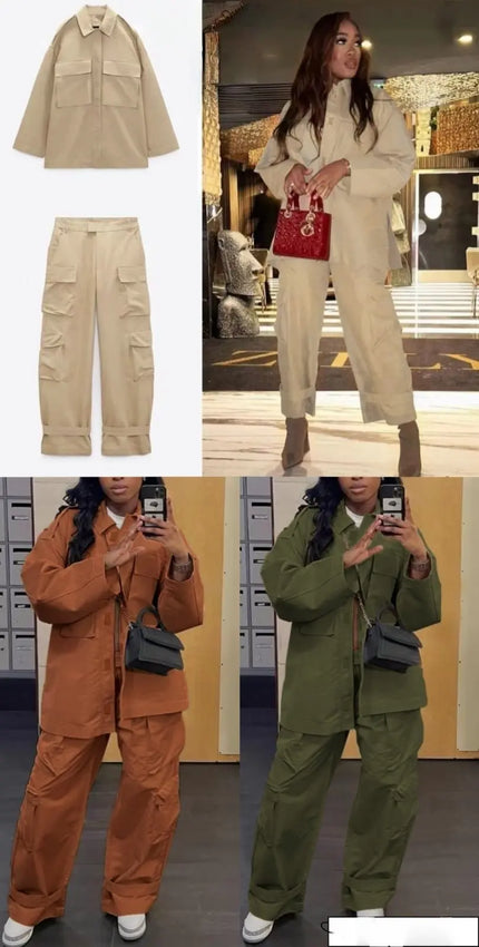 Damen-Cargo-Set: beiges Jackett mit Taschen und Cargohose