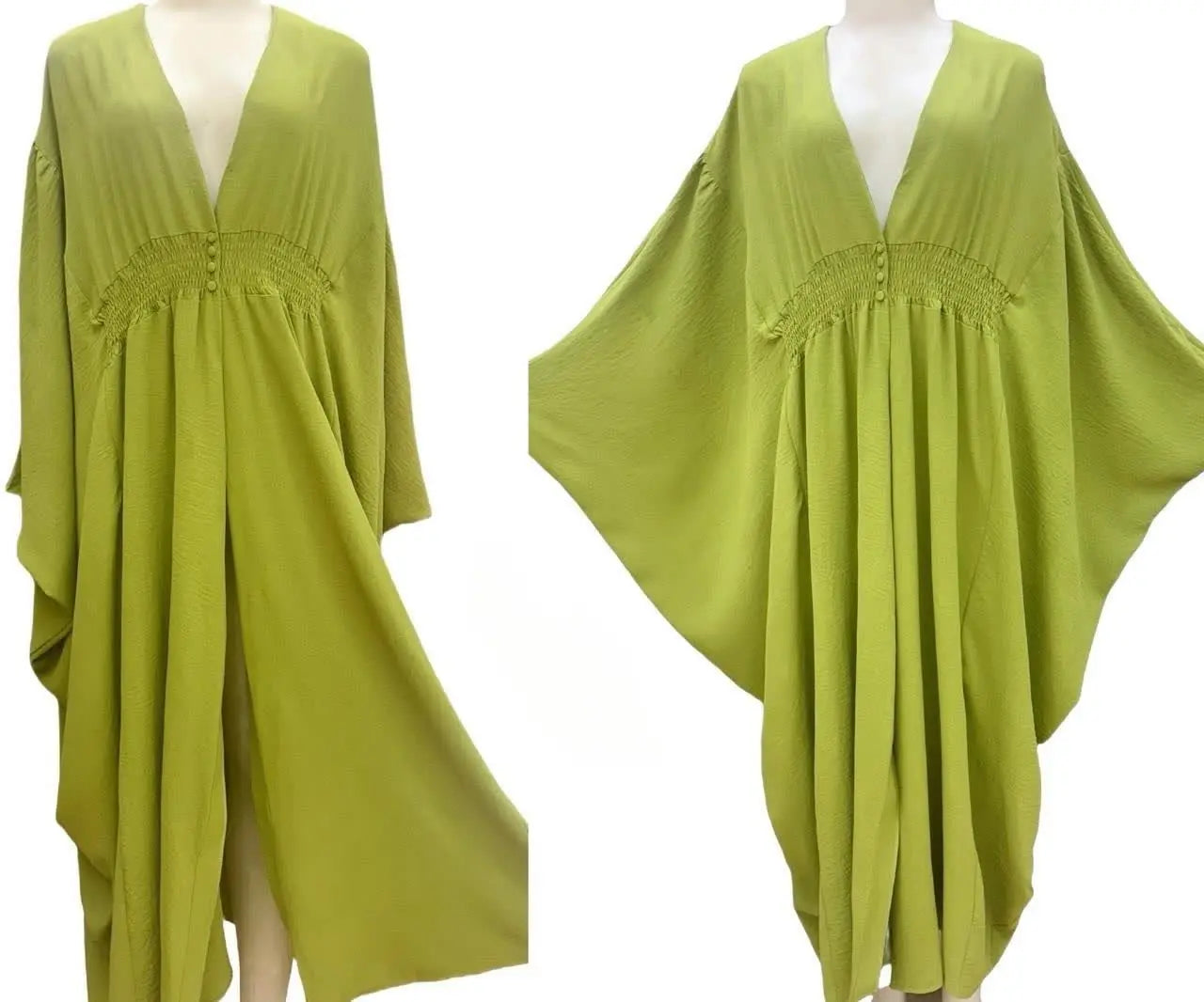 Lime green V-neck kaftan robe with waist cinching and loose pleated drape