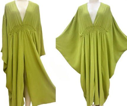 Lime green V-neck loose kaftan robe with waist cinched detailing and draped sleeves
