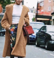 Brown plush long coat for women, collared neckline, open front, side pockets
