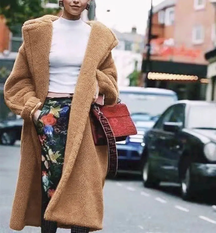 Brown plush long coat for women, collared neckline, open front, side pockets