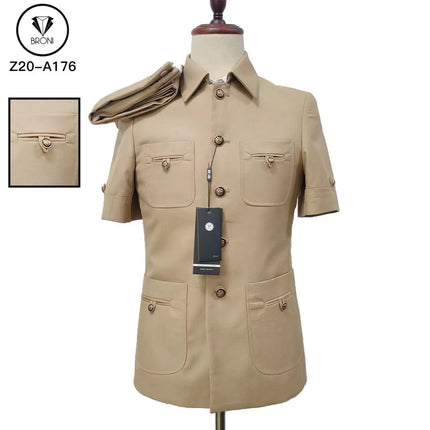 Beige short-sleeve single-breasted suit jacket with front flap and side pockets