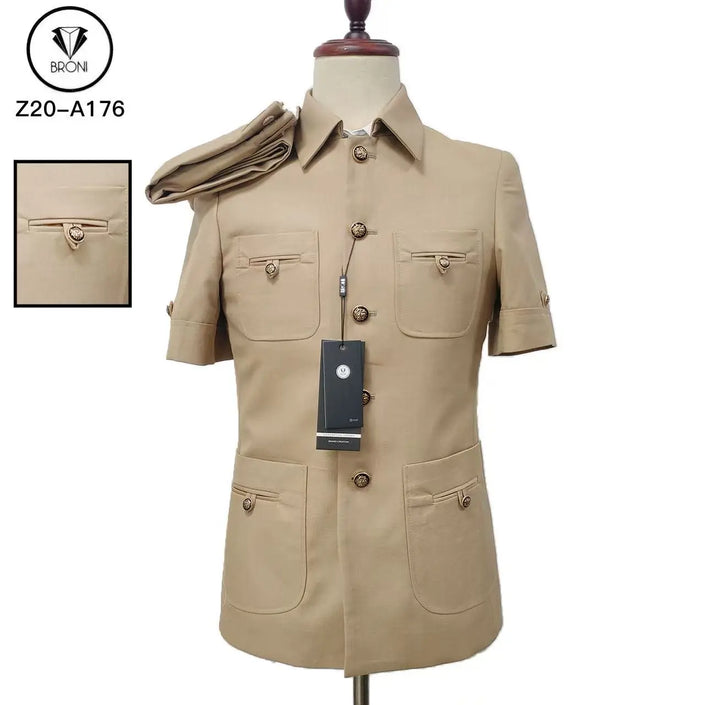 Men's short-sleeve single-breasted suit jacket, tan with flap pockets and button front