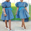 Blue circle print puff sleeve A-line dress with tied waist belt