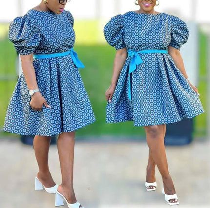 Blue puff-sleeve A-line dress with circle print and waist tie belt