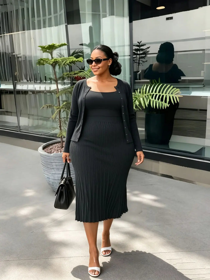 Black pleated midi dress with matching long-sleeve open cardigan, dress set