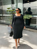 Black pleated midi dress with matching long-sleeve open cardigan, dress set