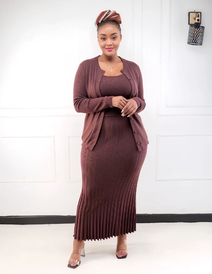 Dark brown pleated midi dress with matching long-sleeve cardigan, dress set