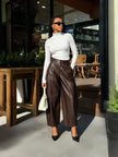 Women Wide Leg Leather Pants High Waist Tailored Casual