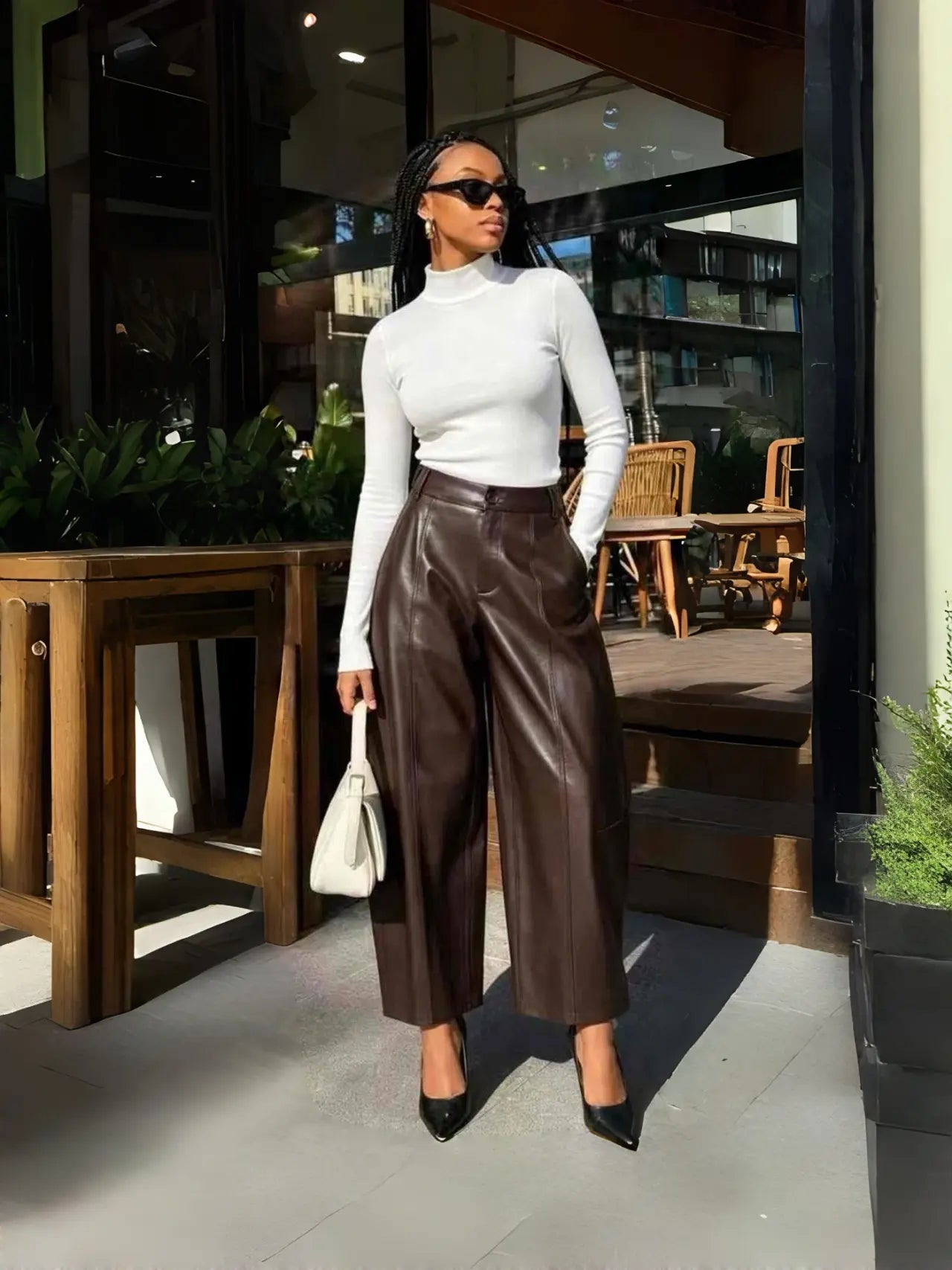 Women Wide Leg Leather Pants High Waist Tailored Casual