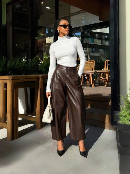 High-waist brown leather wide-leg pants with front seam