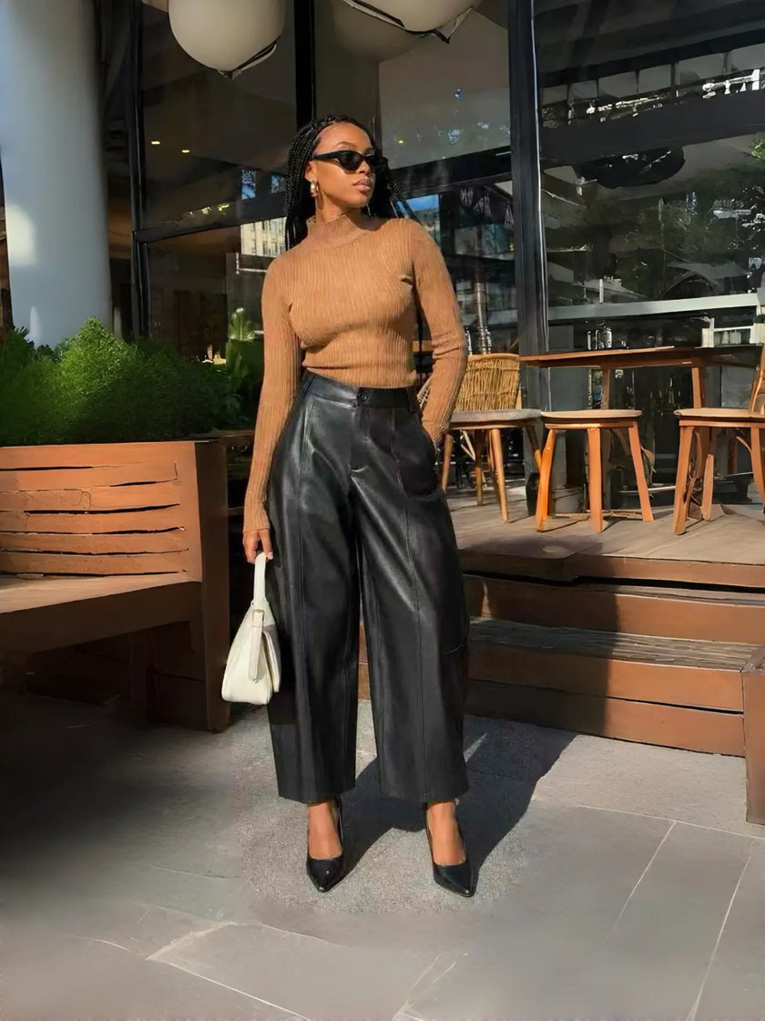 Women Wide Leg Leather Pants High Waist Tailored Casual