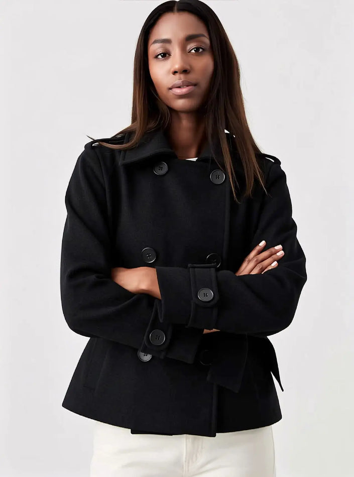 Black double-breasted short coat with collar and button front