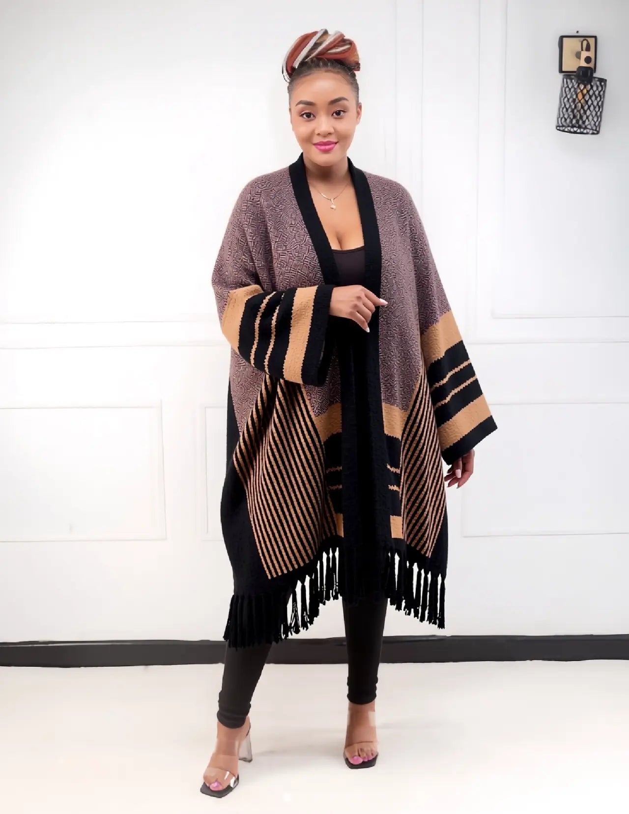South African Women Knit Cardigan Striped Fringe Casual Outerwear