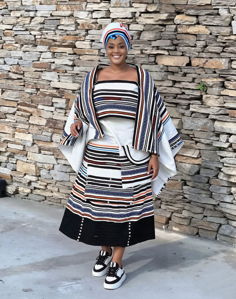 African maxi skirt set with striped geometric print, black tiered skirt and navy accents