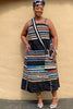 African maxi skirt set with striped geometric panels, navy bodice and black tiered skirt