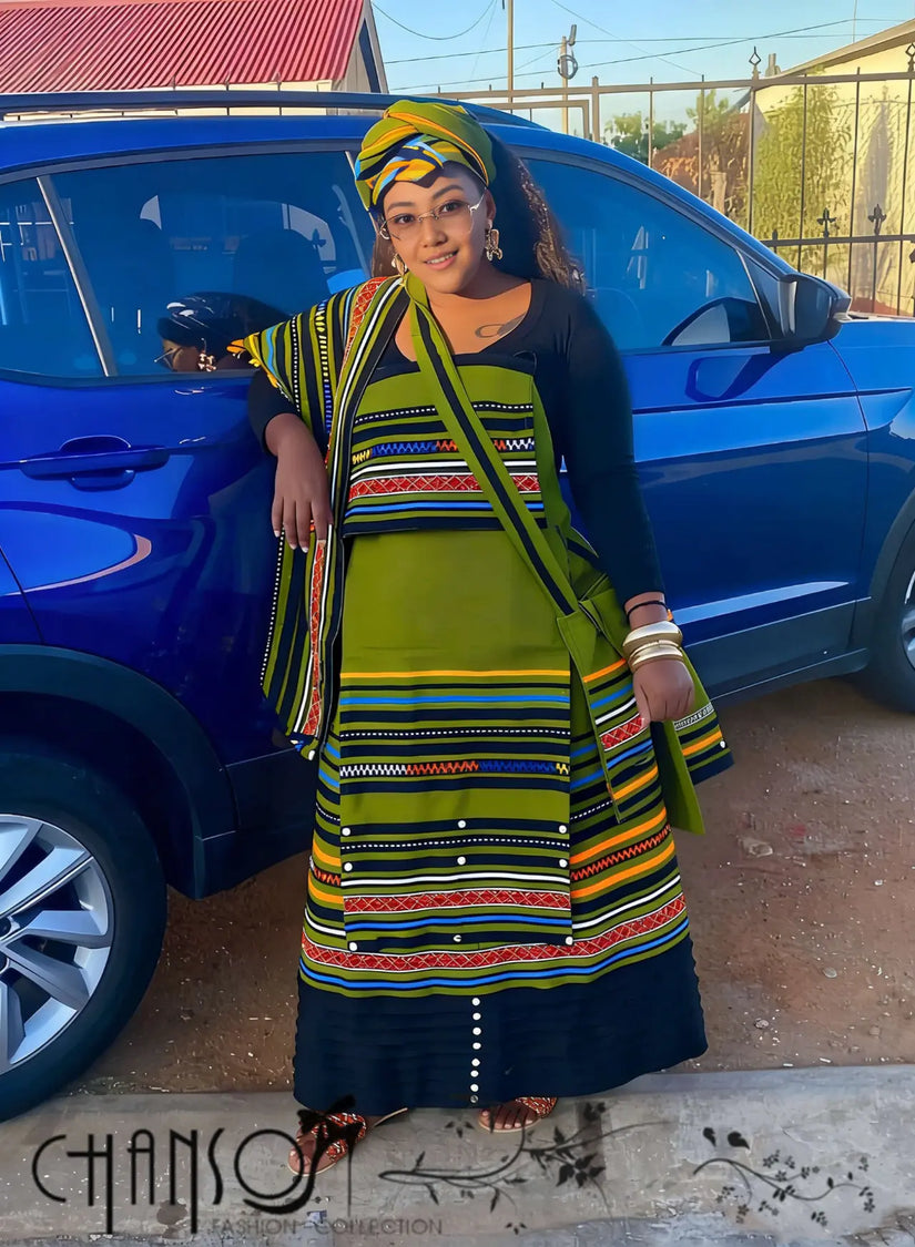 African maxi skirt set with striped geometric pattern, black skirt and multicolor top