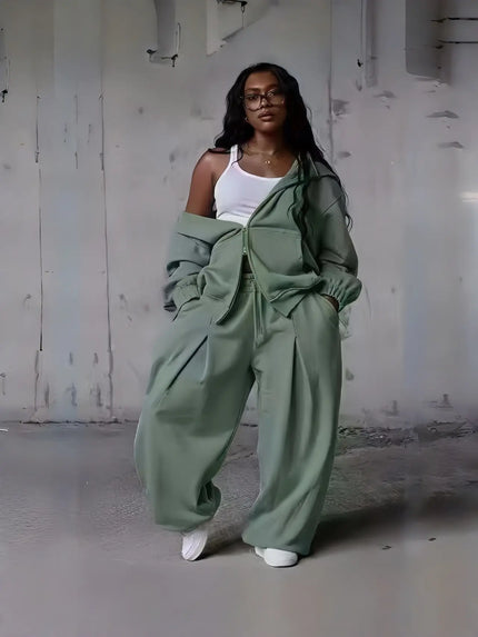 Zip-up hoodie tracksuit set in dark green with wide-leg pants