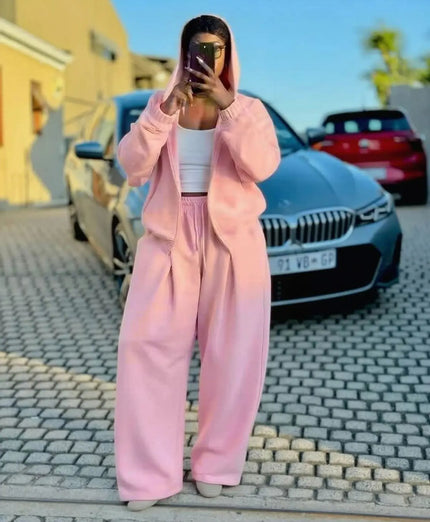Zip-up hoodie tracksuit set in pale pink with wide-leg pants