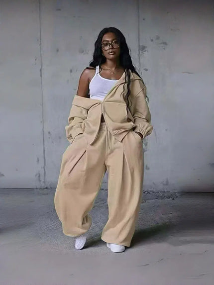 Zip-up hoodie tracksuit set in beige with wide-leg pants