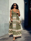 Spaghetti Strap V Neck Maxi Dress Tribal Print Semi Formal Wear