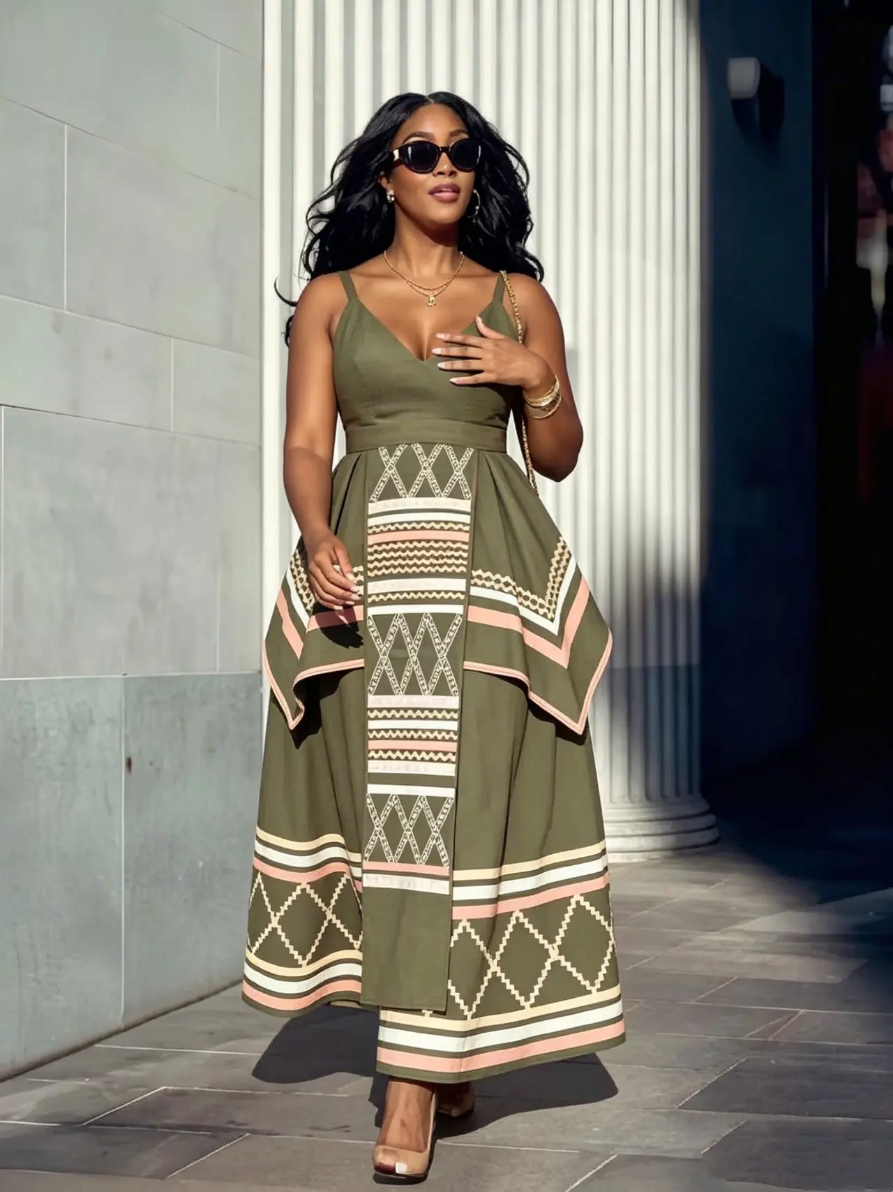 Spaghetti Strap V Neck Maxi Dress Tribal Print Semi Formal Wear