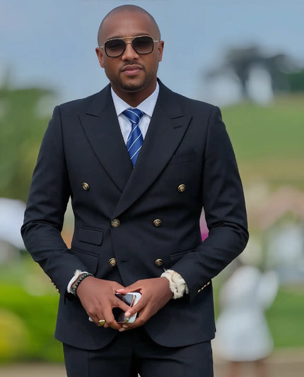 Men's black double-breasted suit with gold buttons, jacket and matching trousers