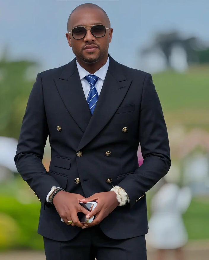Men's black double-breasted suit with gold buttons, jacket and matching trousers