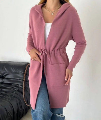 Pink hooded waist-tie mid-length cardigan with front pockets