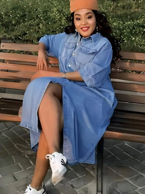 Light blue denim shirt dress with pointed collar, button front, and chest pocket