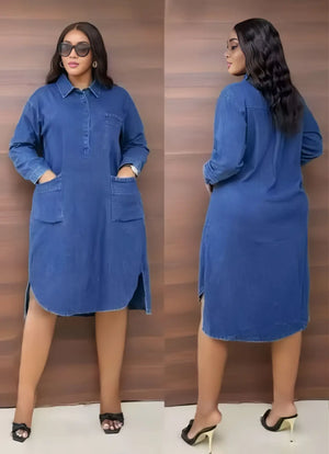 Blue denim collared shirt dress with chest pockets and front slit