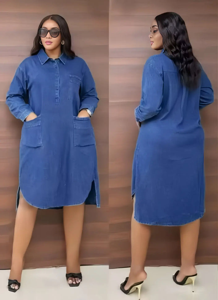 Blue denim collared pocket dress, long sleeves, button front, knee-length