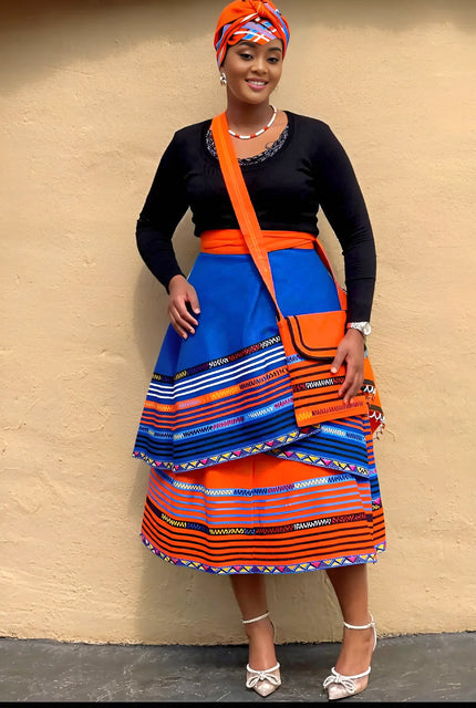 Layered African midi skirt, blue and orange geometric stripe print with ruffle hem