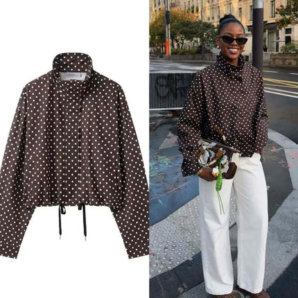 Brown polka dot cropped jacket with stand collar, long sleeves, drawstring hem