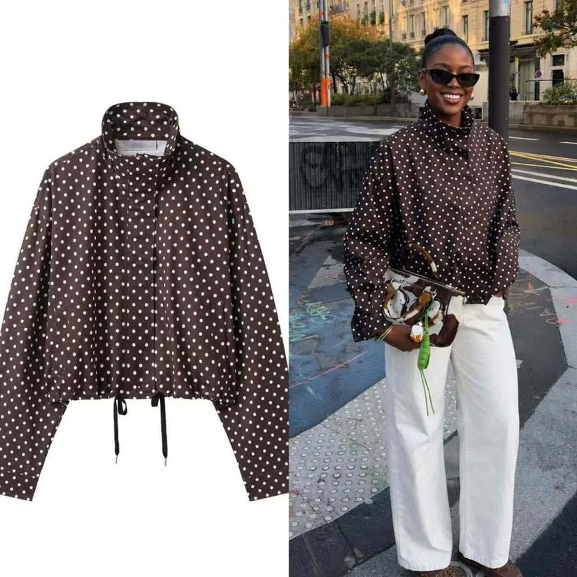 Women Cropped Jacket Stand Collar Long Sleeve Polka Dot Daily Casual Outfit