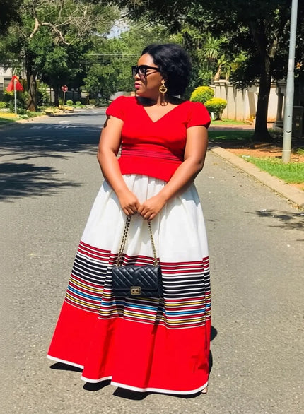 Red cap-sleeve striped midi peplum dress with white skirt panels