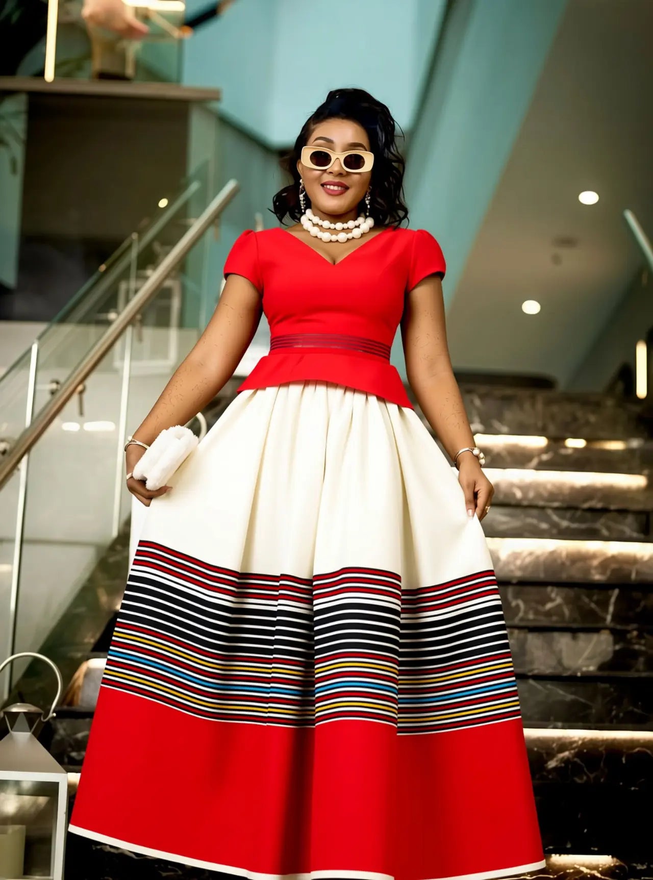 Women Traditional Midi Dress Cap Sleeve Peplum Waist Striped Evening Party Outfit