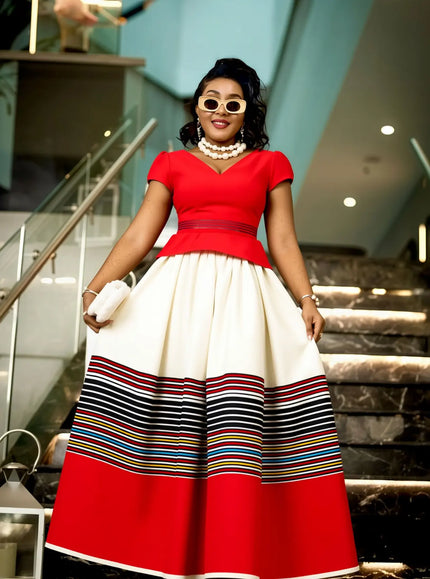 Red cap-sleeve striped midi peplum dress, white skirt with red stripe hem