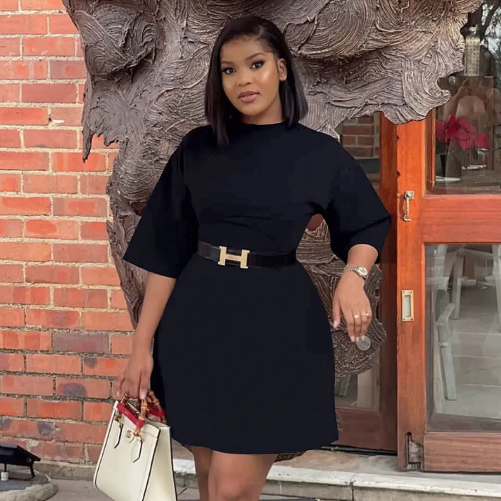 Black knit mock-neck mini dress with batwing half sleeves