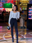 Women Knit Top V Neck Vertical Ribbed Long Sleeve Evening Outfit