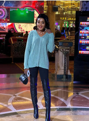 Women Knit Top V Neck Vertical Ribbed Long Sleeve Evening Outfit