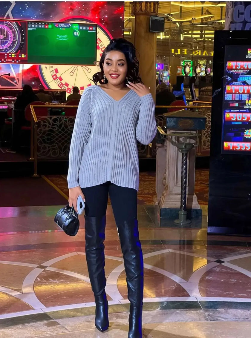 Women Knit Top V Neck Vertical Ribbed Long Sleeve Evening Outfit
