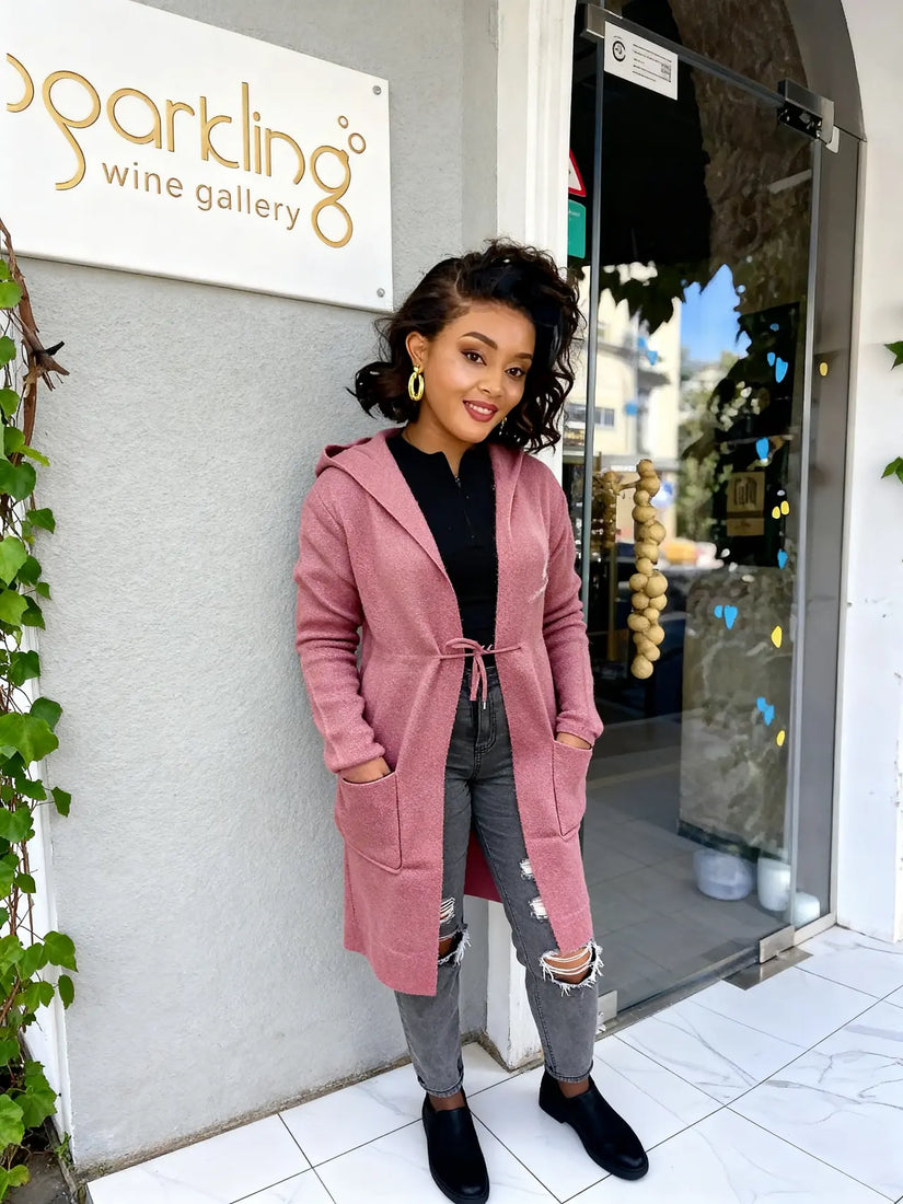 Hooded Waist Tie Mid Length Cardigan Drawstring Pocket Casual Wear