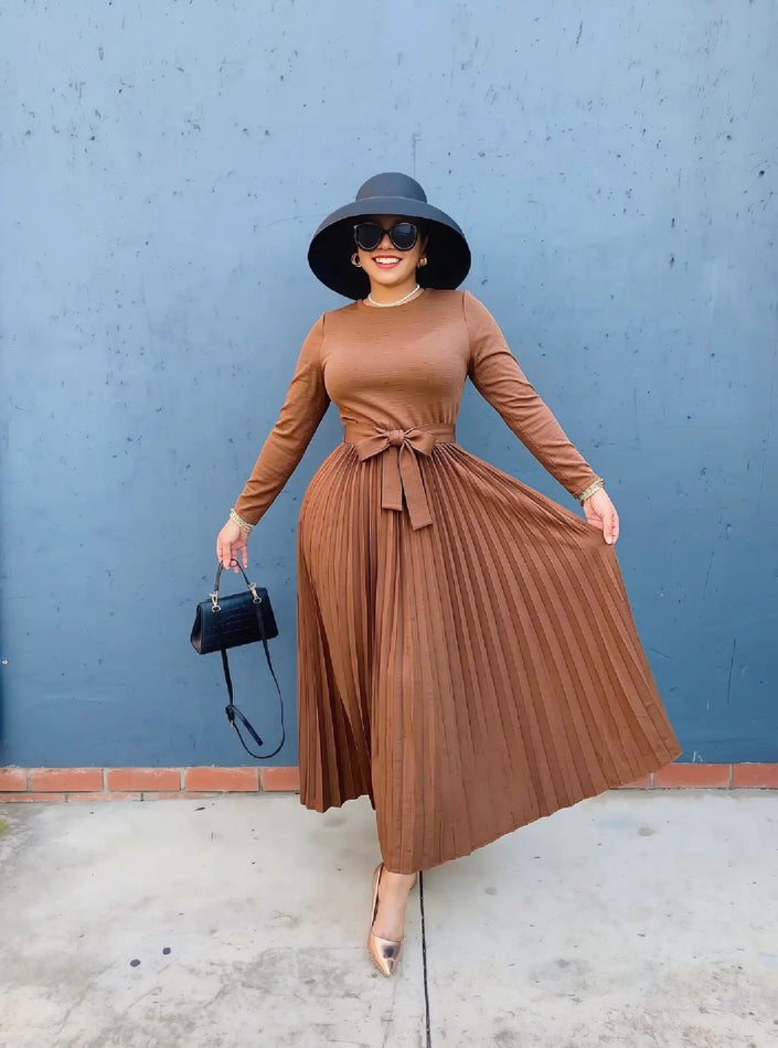 Women knit maxi dress, crew neck, long sleeves, pleated skirt, waist tie, rust-brown